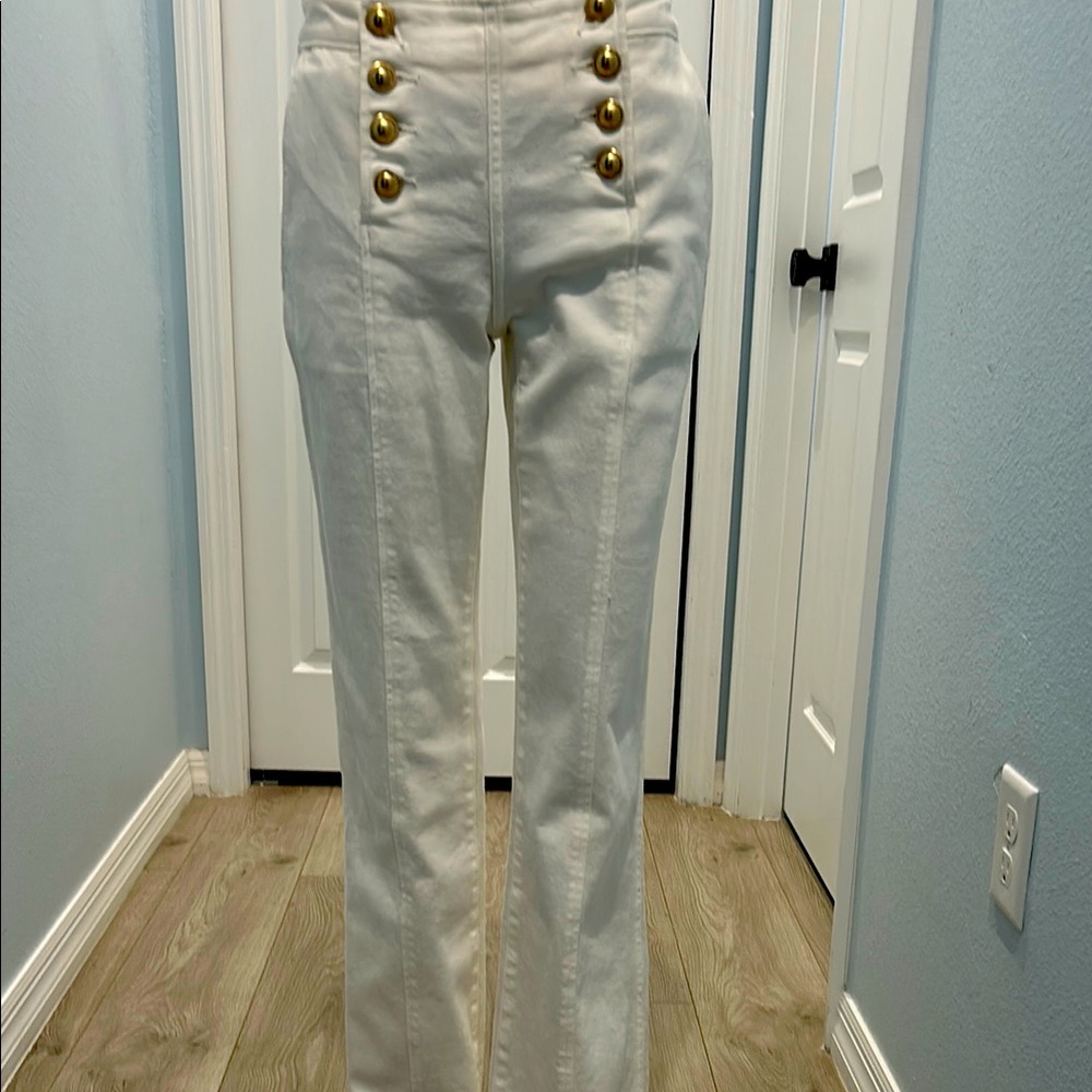 Michael Kors White Flare Jeans with Gold Buttons